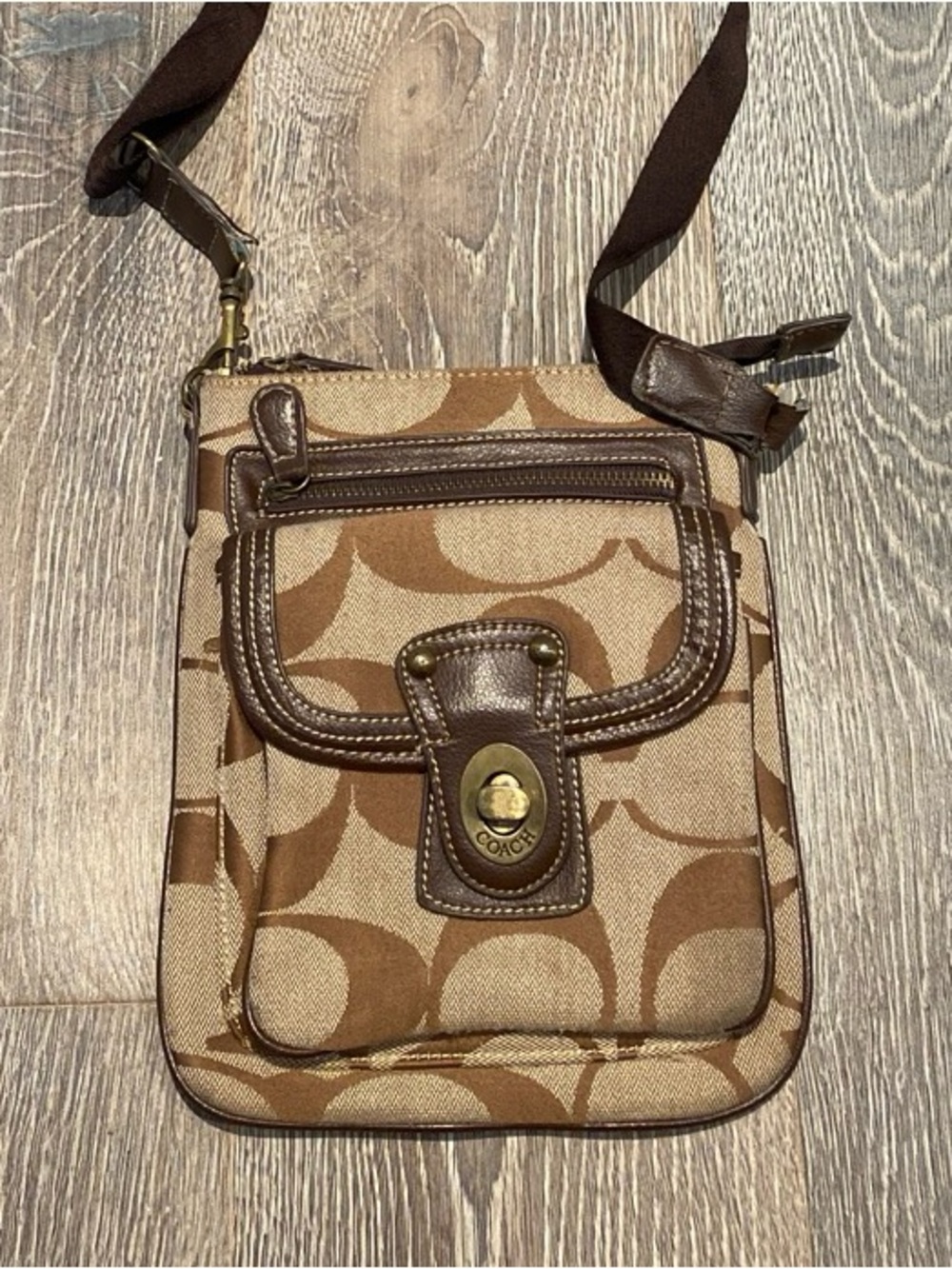 Vintage Coach Signature Canvas Crossbody Bag in Brown/Cream